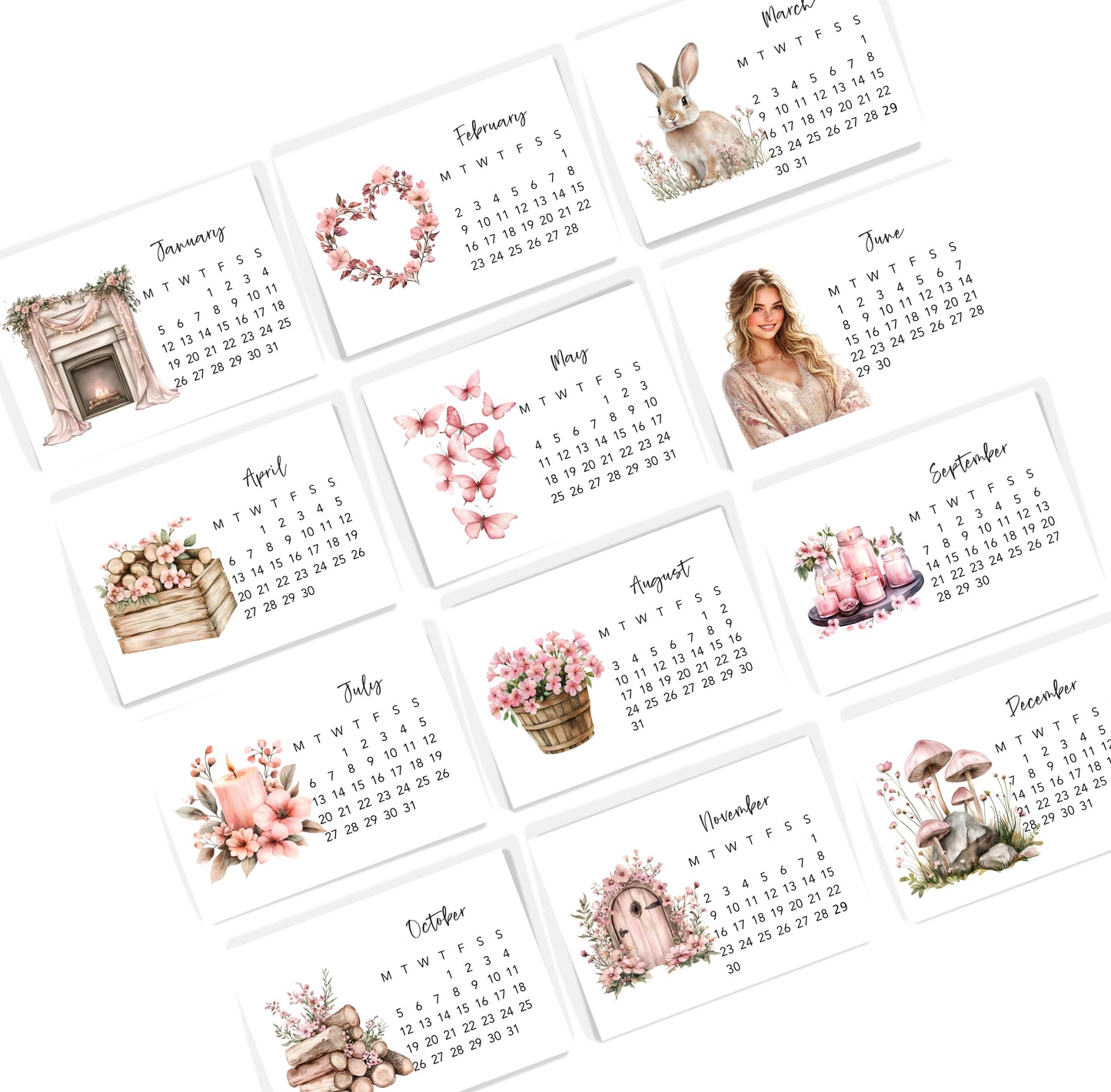 Set of 12 monthly calendar cards 2026 - Paperlane Planners Co