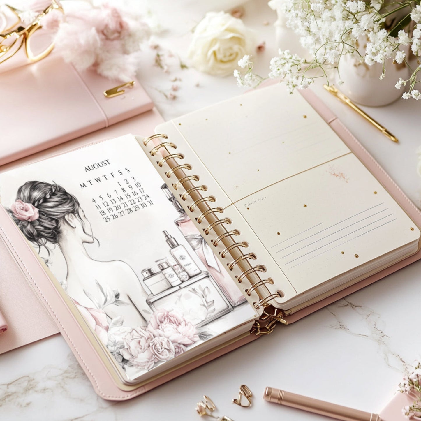 A stylish planner dashboard with a monthly calendar for August 2025, featuring a pink and white color scheme with floral elements and a gold spiral binder.