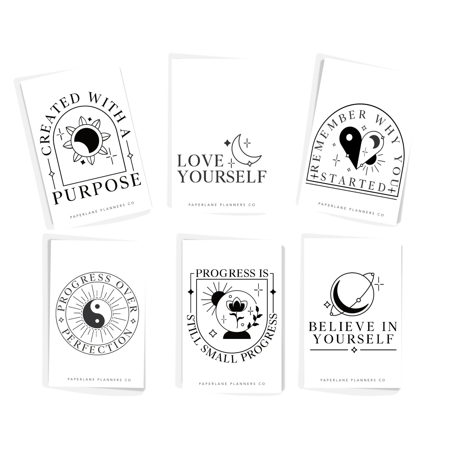 Set of six motivational planner pocket cards with black text and symbols on a white background - Paperlane Planners Co
