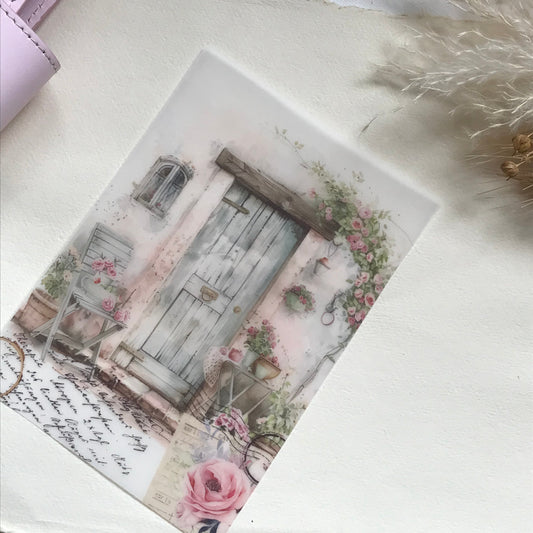 Decorative vellum with a vintage french door and floral design with script