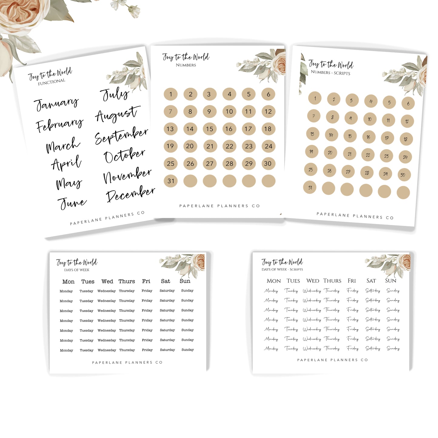 Set of planner stickers with floral designs and text for functional planning.