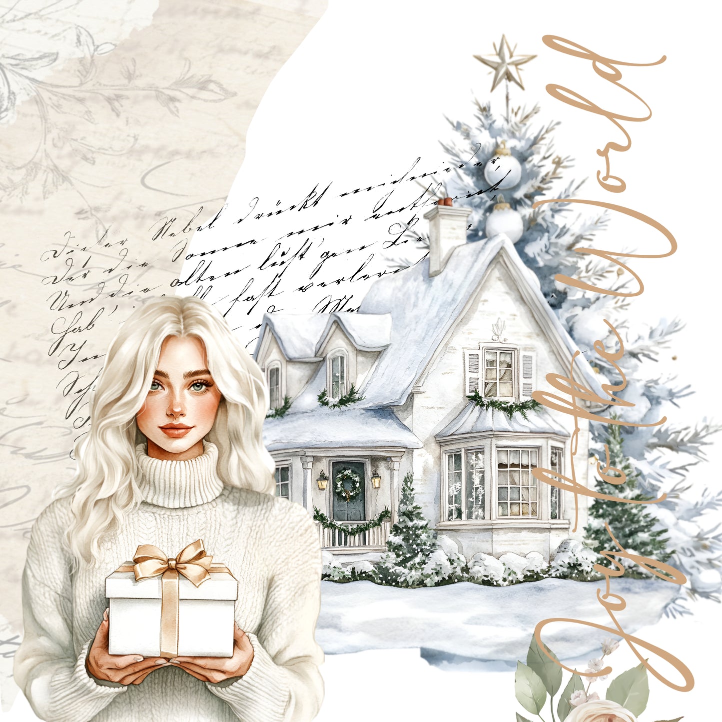 Winter scene with a house, Christmas tree, and person holding a gift Sticker Set