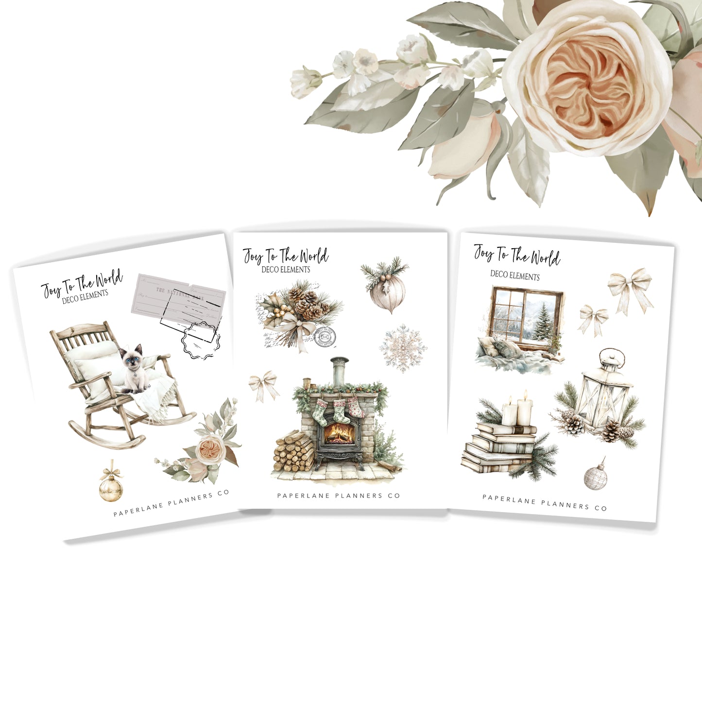 Set of three Christmas-themed sticker sheets with decorative elements on a white background.