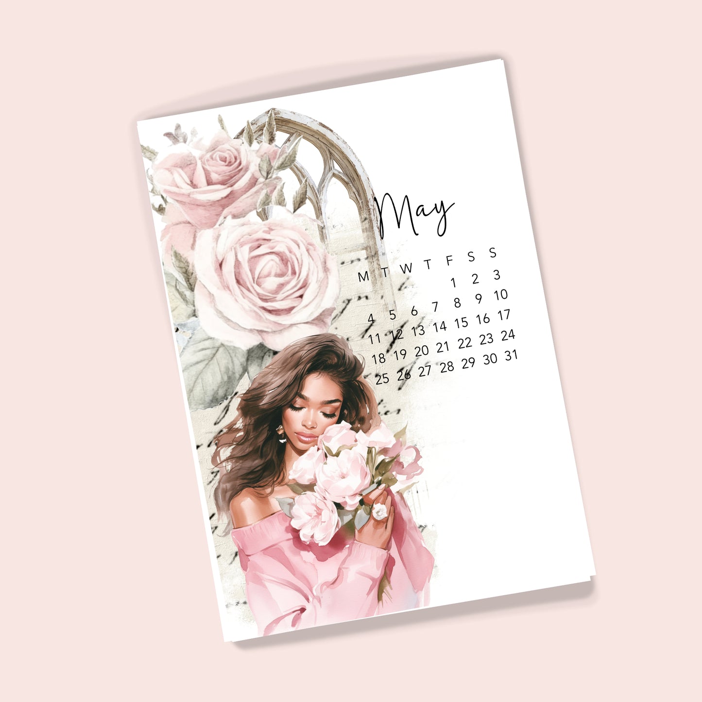 May 2026 Calendar with a floral design and a woman holding flowers on a light pink background