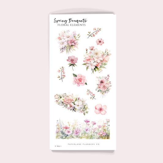 A sheet of floral deco stickers with various flower designs, labeled 'Spring Bouquet'.