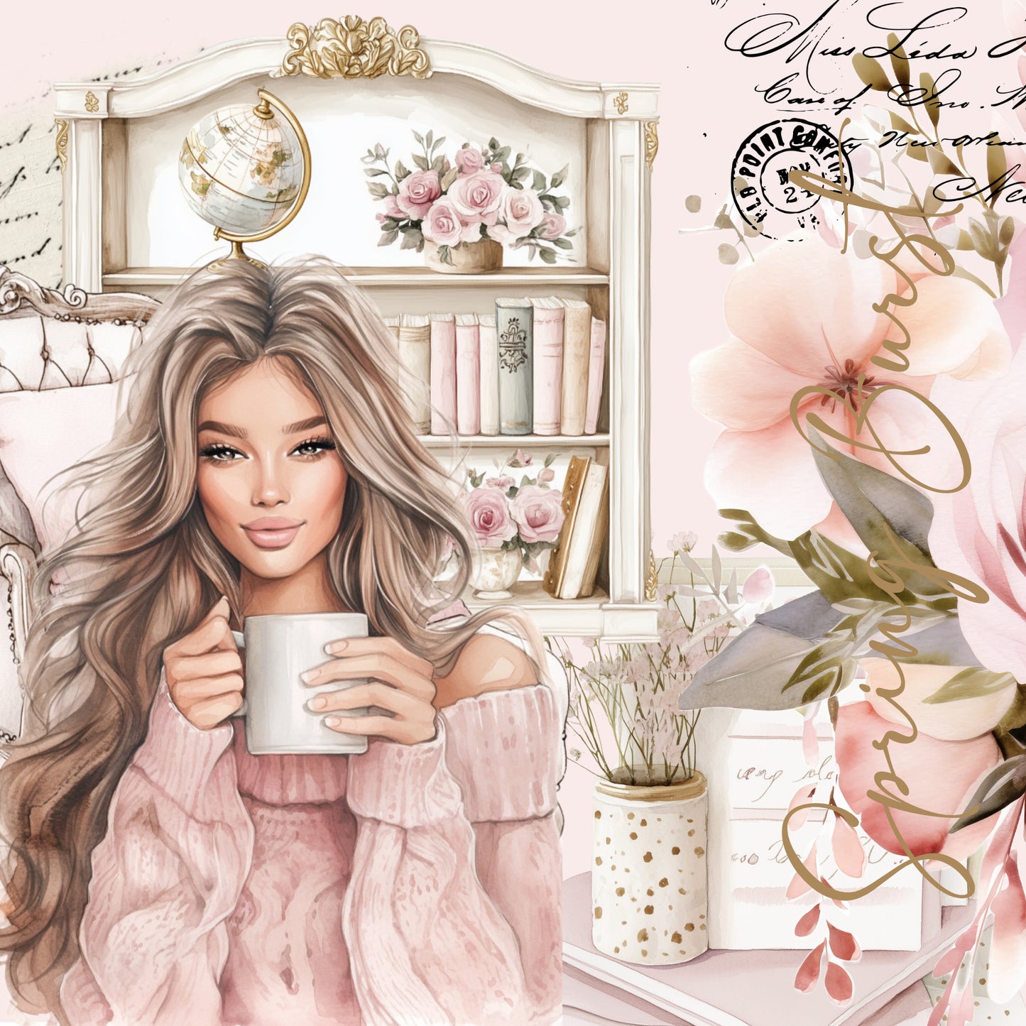 A planner sticker sheet with a see-through print featuring a woman holding a mug, surrounded by floral elements. - Paperlane Planners Co
