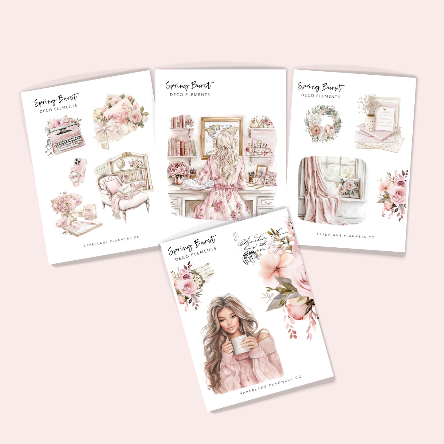 Spring themed sticker set, pretty gir in a floral scene