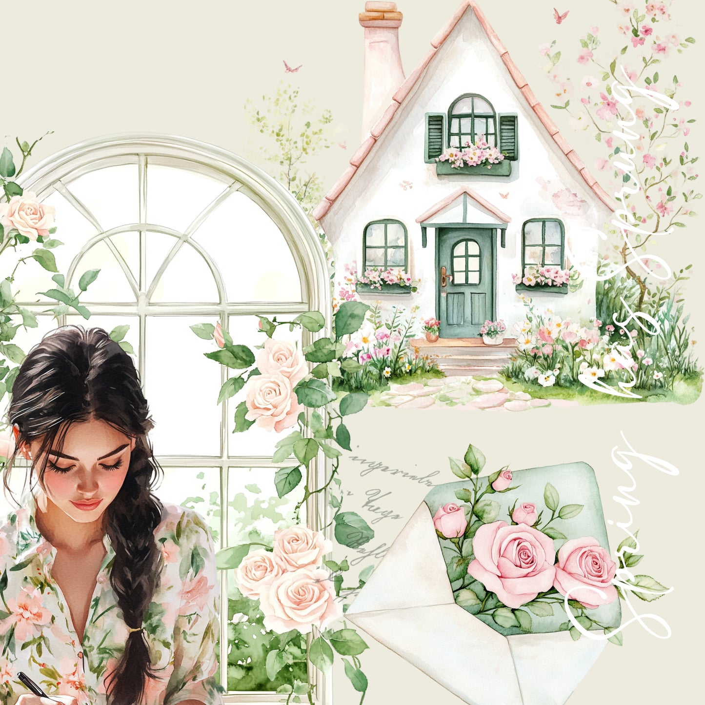 A collection of planner decors stickers depicting a spring scene with a white house, green shutters, pink flowers, and a woman's face peering through a window. - Paperlane Planners Co