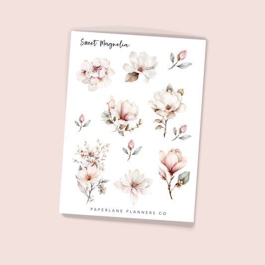 Floral planner stickers with 'Sweet Magnolia - Paperlane Planners Co