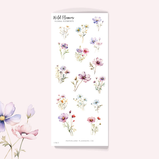 A sheet of floral deco stickers with various wild flower designs - Paperlane Planners Co