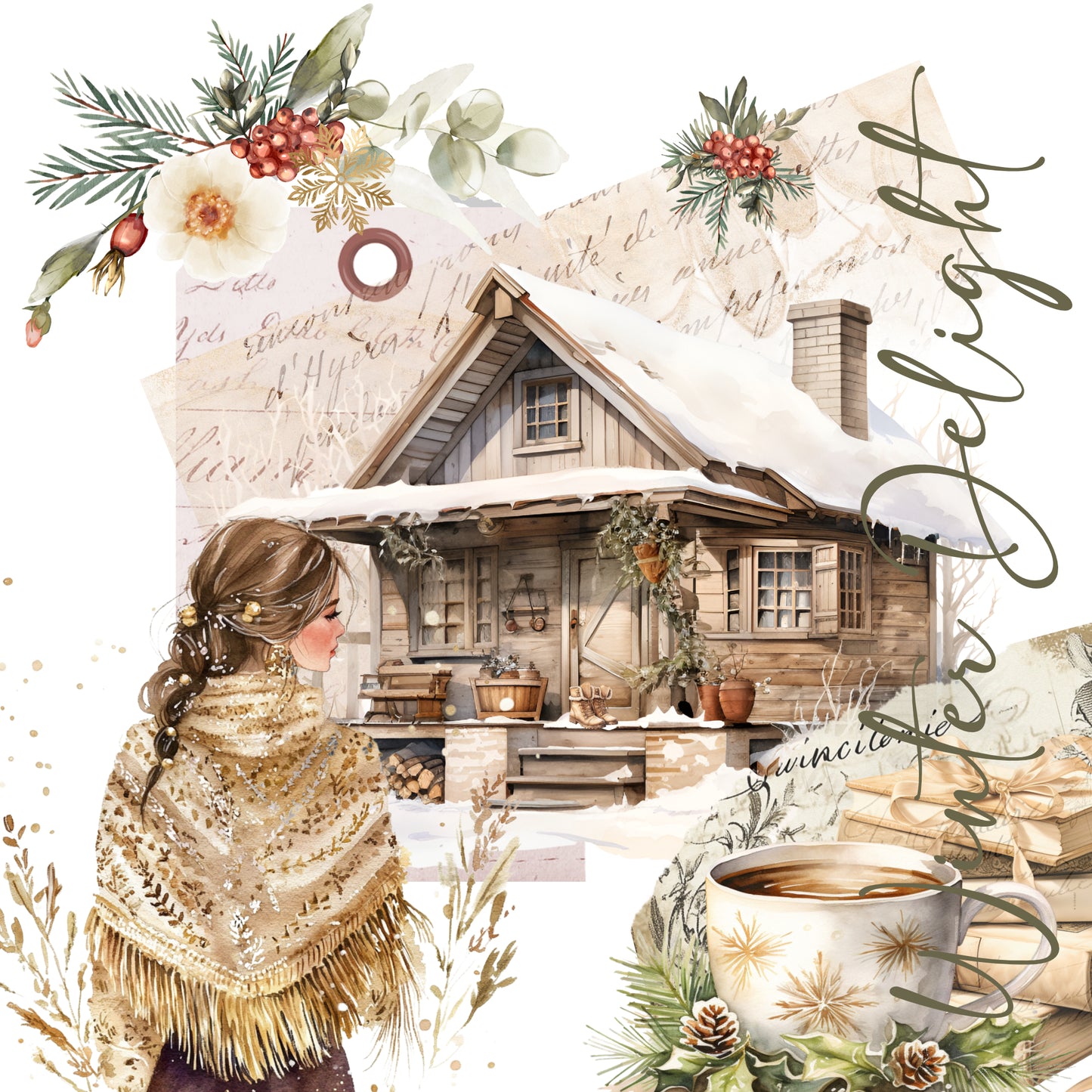 Winter Delight, Cozy winter scene with a wooden cabin, woman in a fringed shawl, and festive elements. paperlane Planners Co