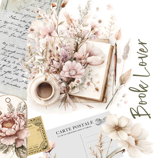 Floral arrangement with a book, coffee cup, sticker set image