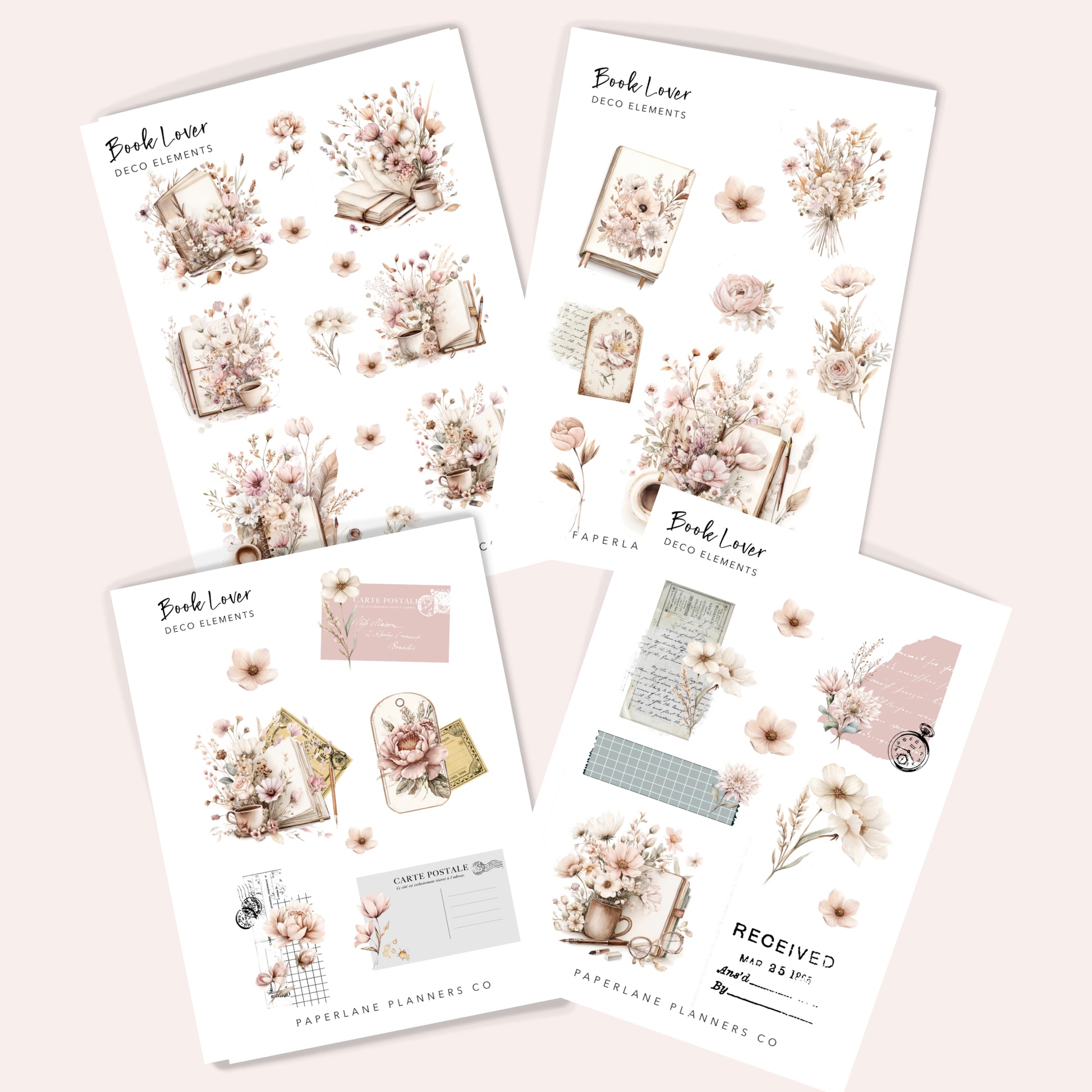 Set of 4 floral and book-themed planner stickers 