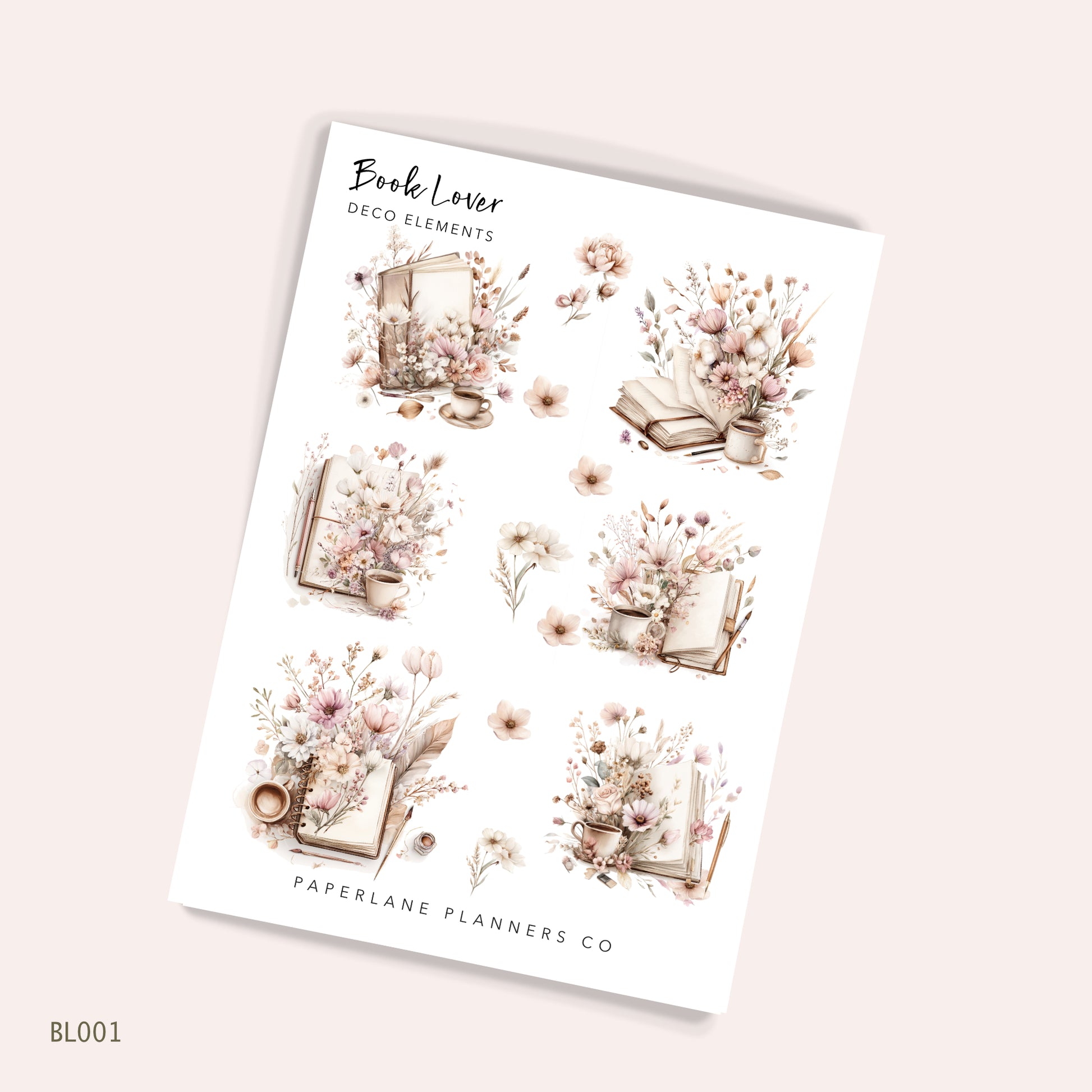 Sheet of decorative planner stickers featuring books and flowers with 'Paperlane Planners Co' branding 