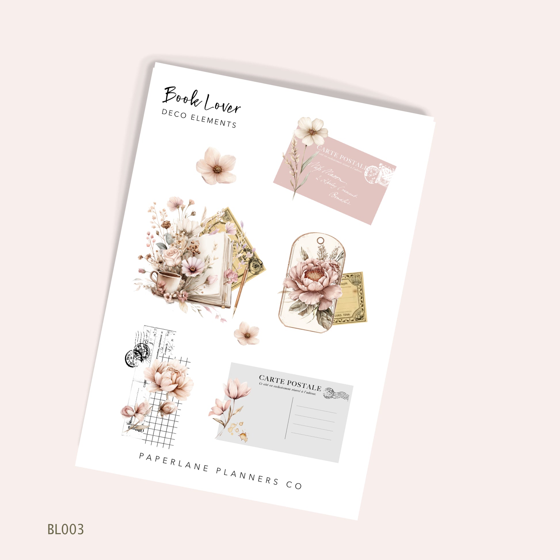 Sheet of floral and decorative elements with 'Book Lover Sticker Set' 