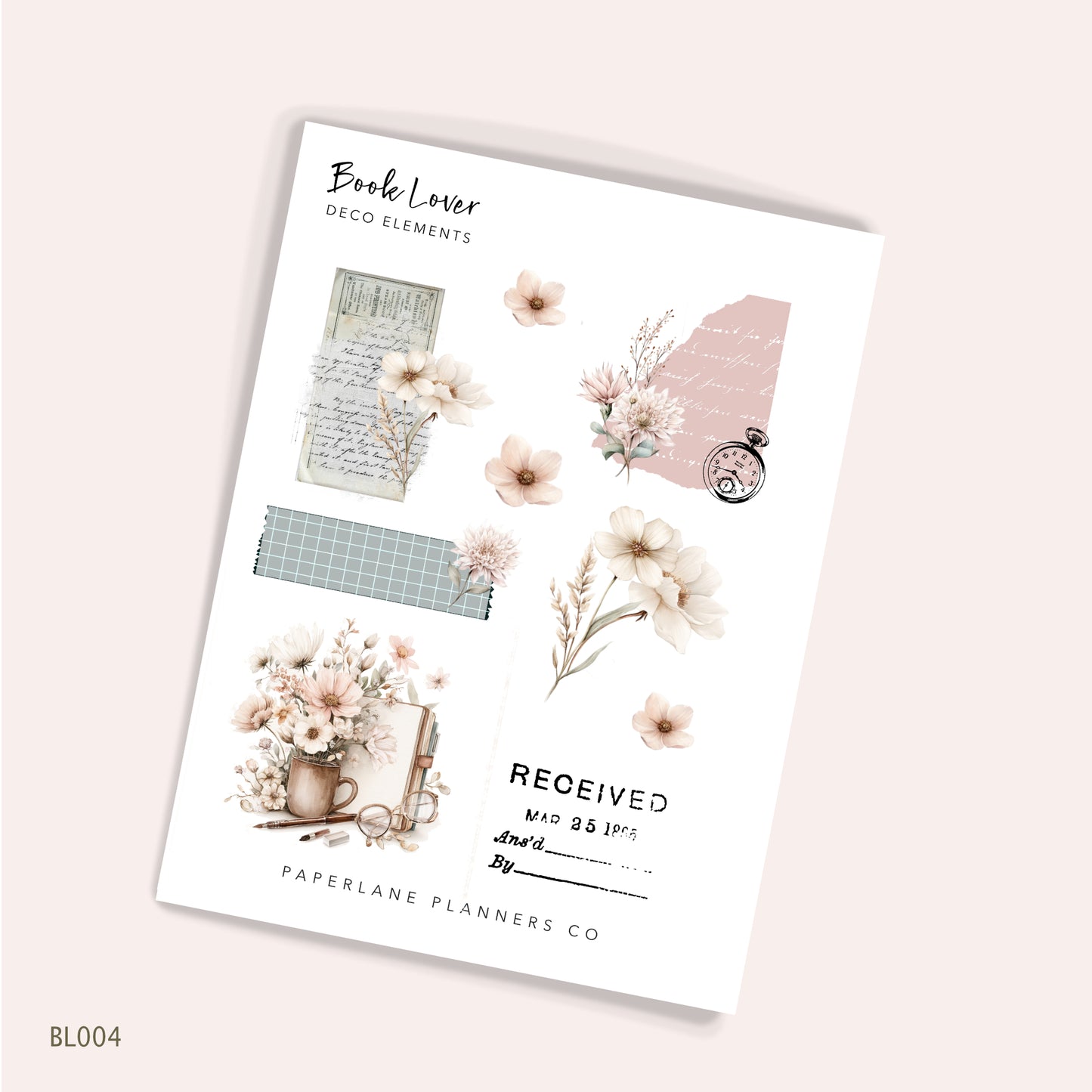 Sheet of decorative planner stickers with floral and vintage planner details 