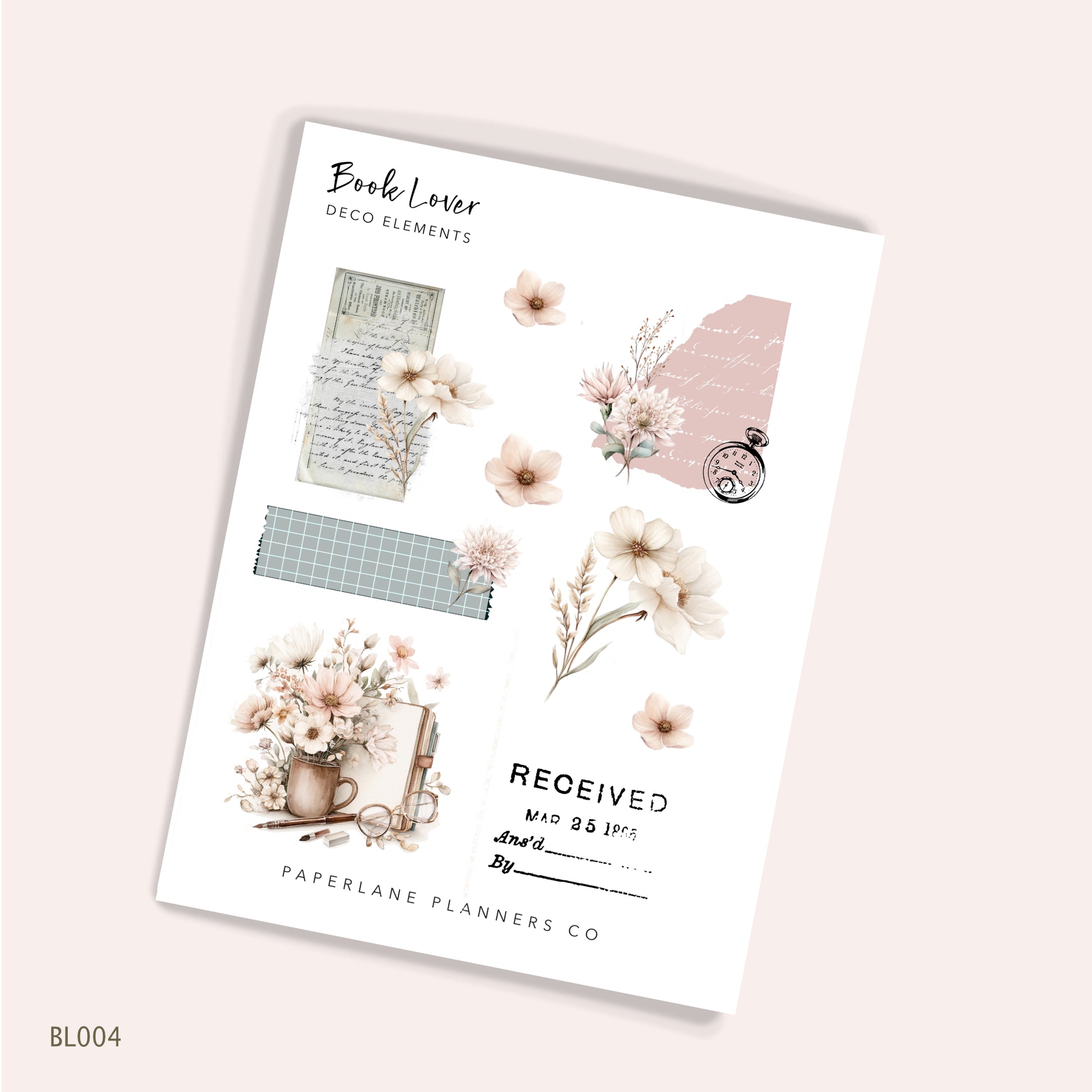Sheet of decorative planner stickers with floral and vintage planner details 