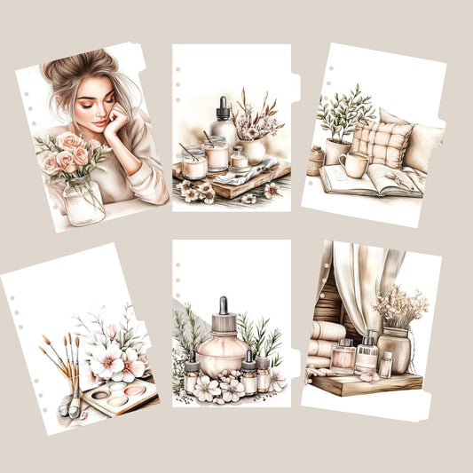 A set of six planner dashboards with different designs, including images of a woman, flowers, and various household items like books and a bottle.