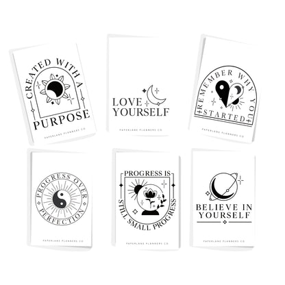 Set of six motivational planner pocket cards with black text and symbols on a white background - Paperlane Planners Co