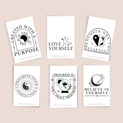 Set of six motivational planner  pocket cards with black text and symbols on a beige background - Paperlane Planners Co