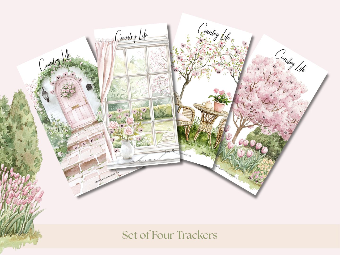 Set of four 'Country Life' trackers with scenic illustrations.