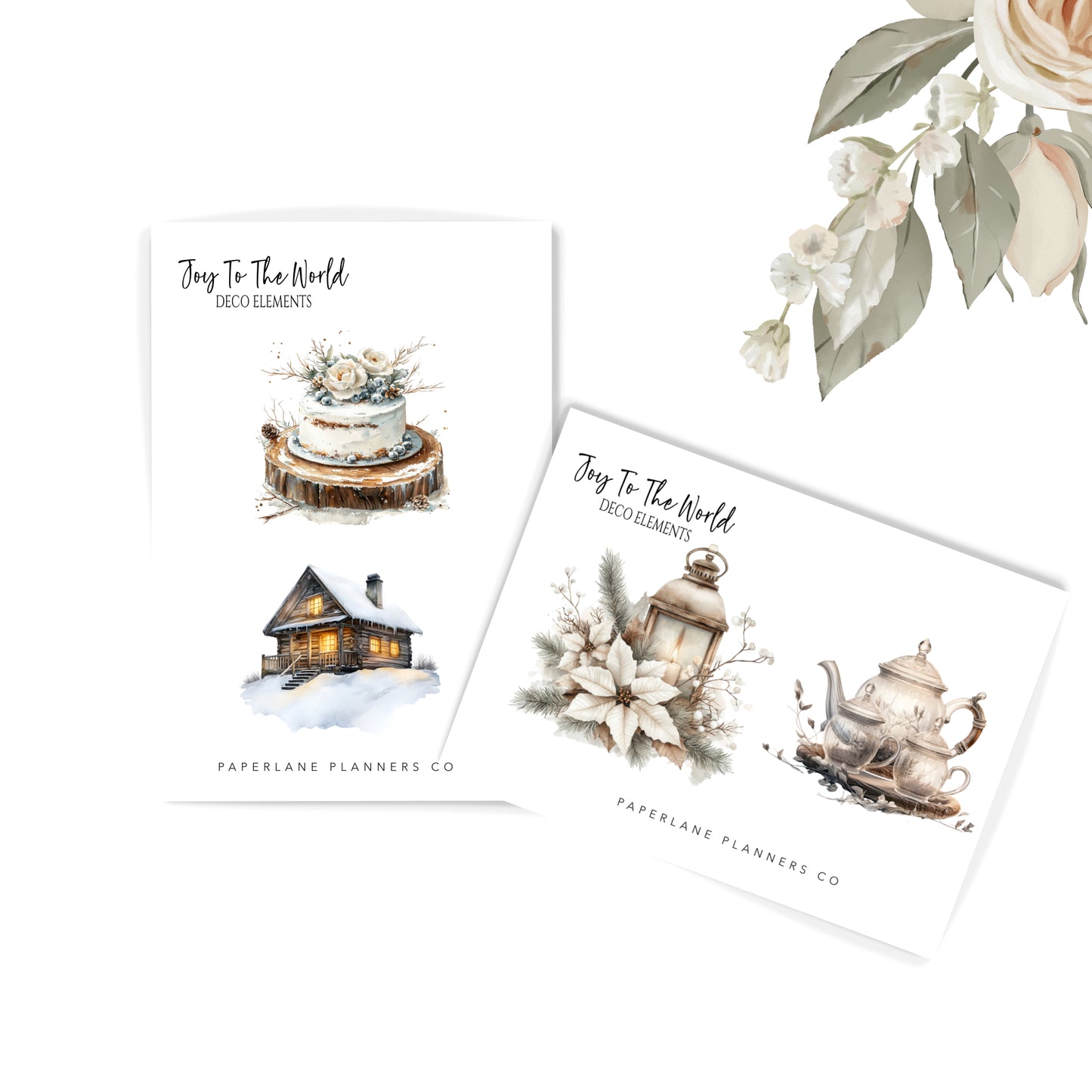 Set of Christmas-themed design elements with a cake, house, lantern, and teapot 