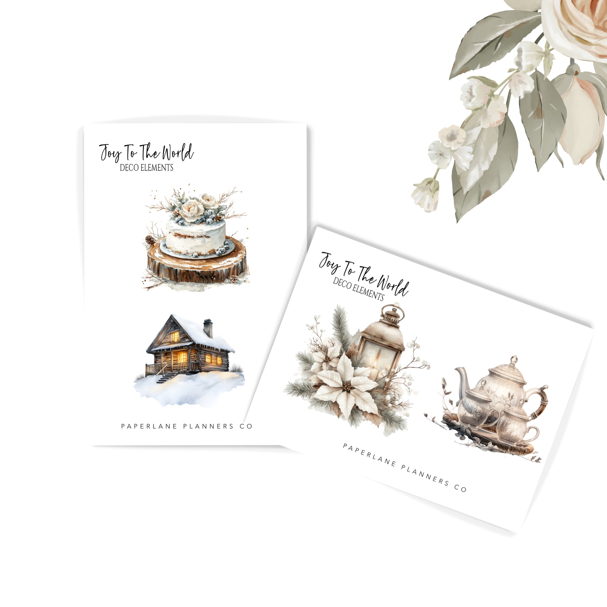 Set of Christmas-themed design elements with a cake, house, lantern, and teapot 