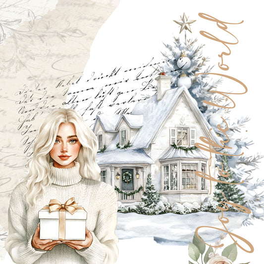 Winter scene with a house, Christmas tree, and person holding a gift Sticker Set