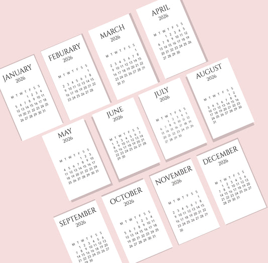 2026 MINIMAL MONTHLY CALENDAR PLANNER CARDS