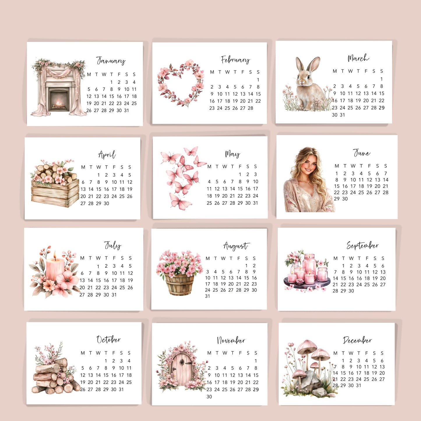 Set of 12 monthly calendar cards 2026 - Paperlane Planners Co