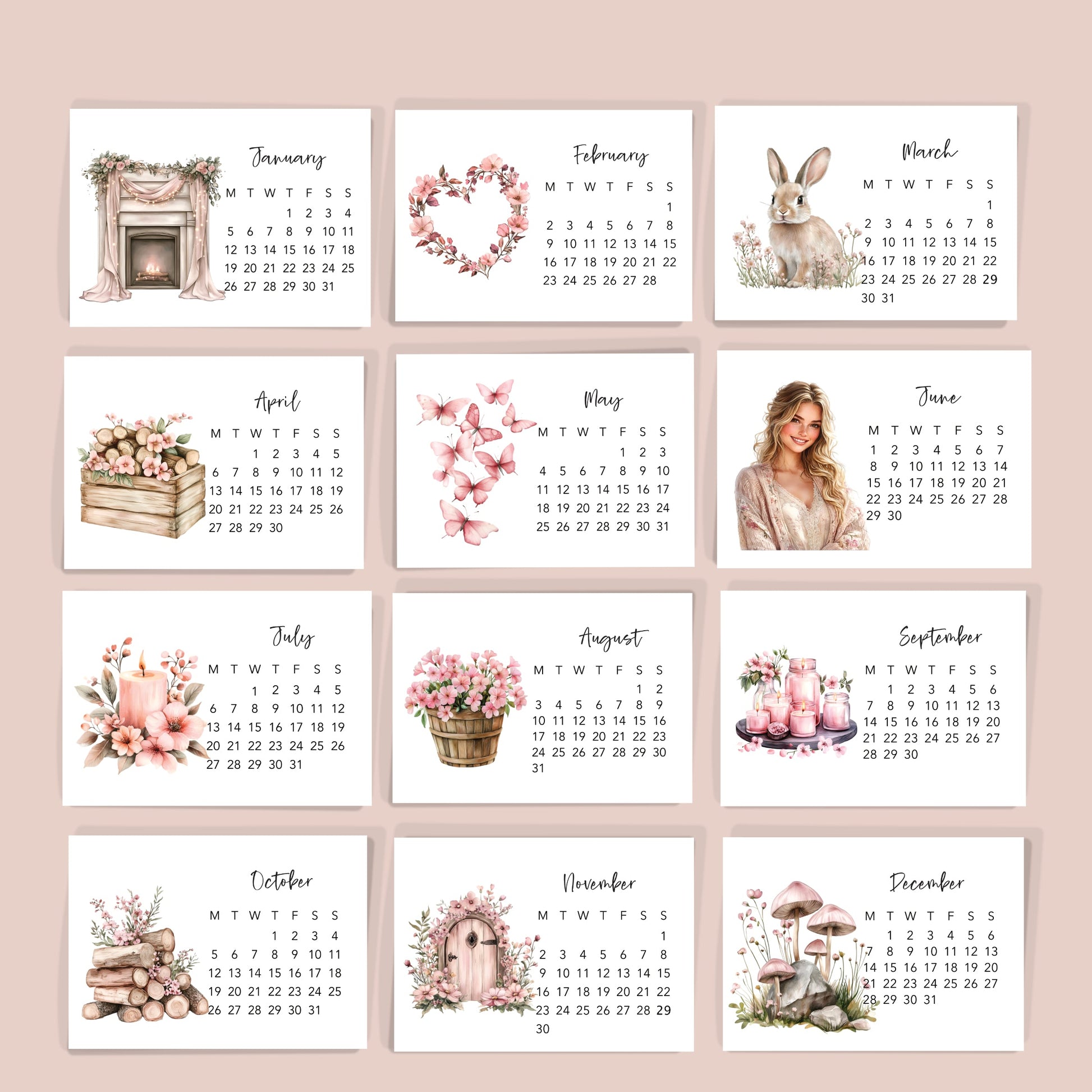 Set of 12 monthly calendar cards 2026 - Paperlane Planners Co