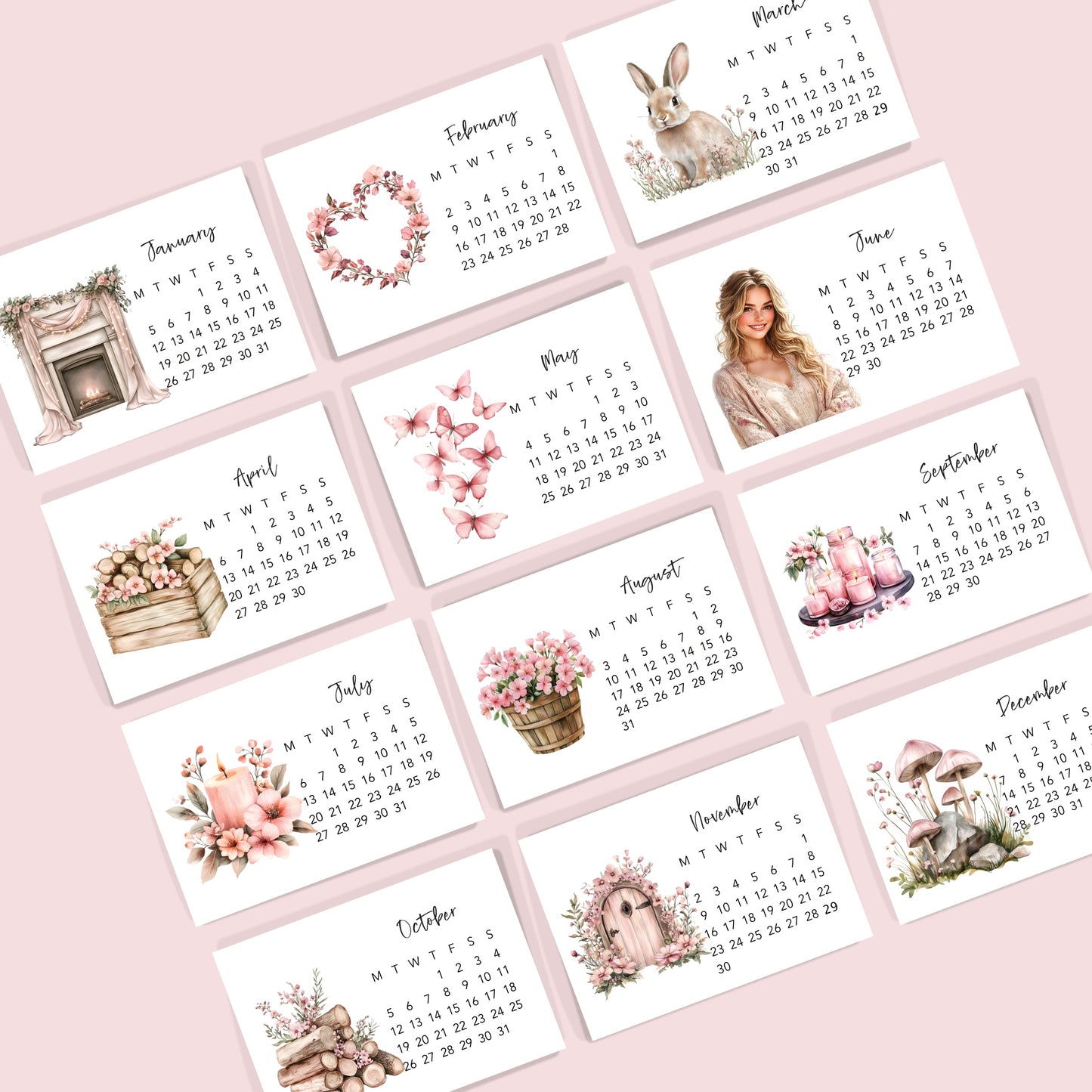 Set of 12 monthly calendar cards - Paperlane Planners Co