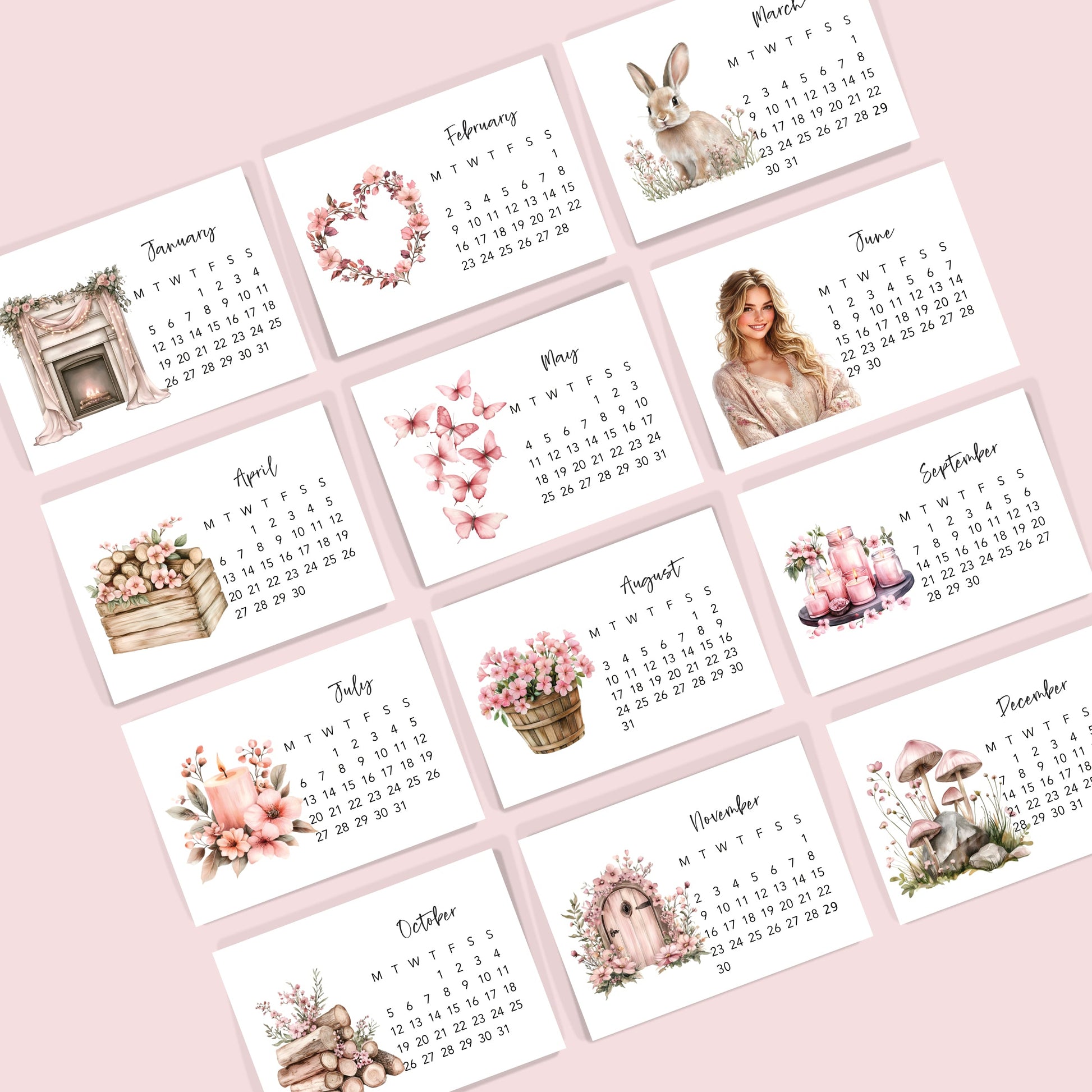 Set of 12 monthly calendar cards - Paperlane Planners Co