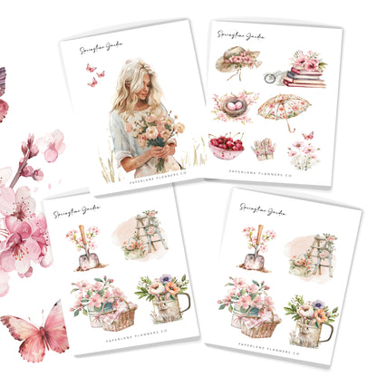 Spring themed sticker sheet featuring a girl carrying flower with pretty spring illustrations
