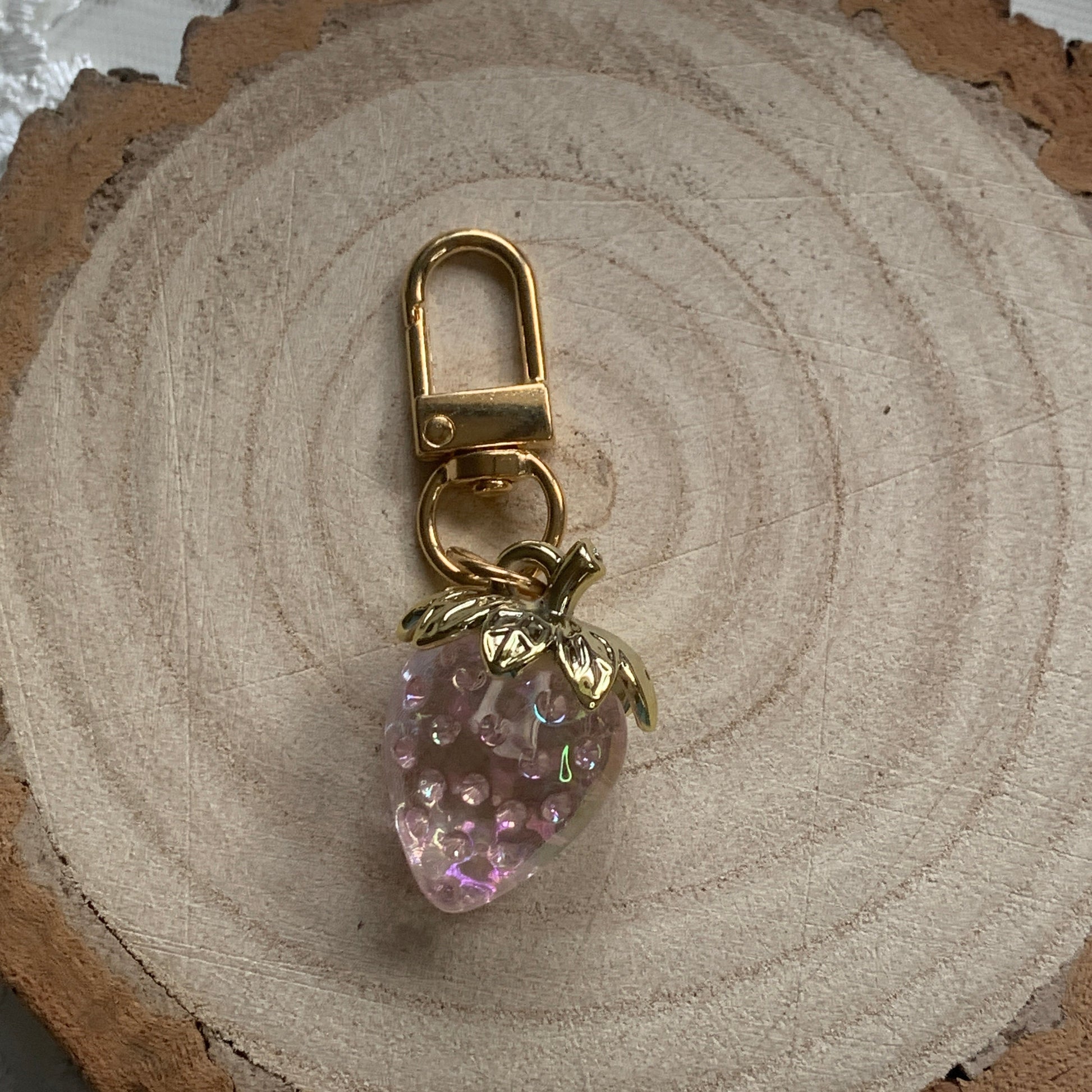 Gold keychain with a pink strawberry, Planner Charm - Paperlane Planners CO