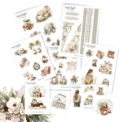 Collection of winter-themed planner stickers with scenic and decorative elements.