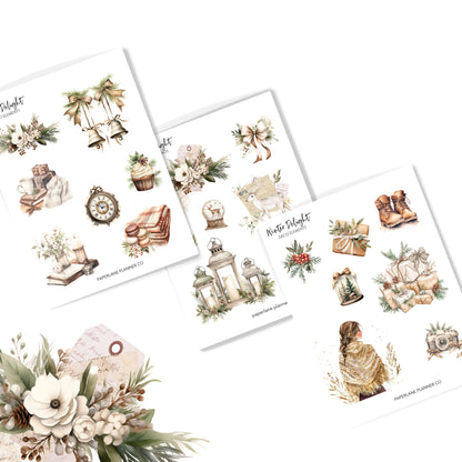 Collection of winter-themed planner stickers with scenic and decorative elements. Paperlane Planners Co