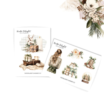 Set of two planner stickers sheets with winter-themed illustrations on a white background. Pperlane Planners Co