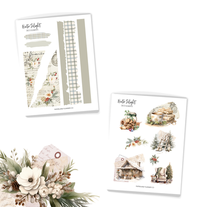 Collection of winter-themed planner stickers with scenic and decorative elements. Paperlane Planners Co