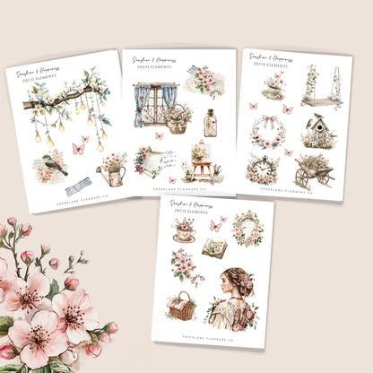 Set of decorative planner stickers with floral and vintage designs 