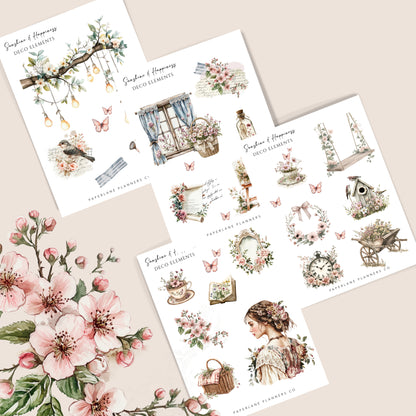Decorative washi sticker sheets with floral and vintage designs 