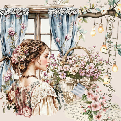 A sticker sheet with a floral and vintage styled illustration featuring a woman, a basket of flowers, and a room setting with floral patterns and a window. Paperlane Planners Co